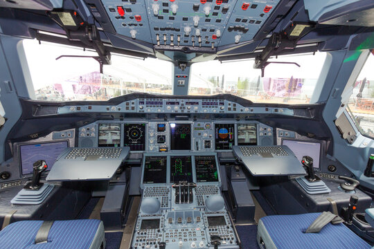 Airbus A380 passenger plane cockpit flight deck view