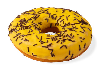 A donut covered with yellow icing and chocolate chips isolated on a white background.Fresh bright pastries on a white background.