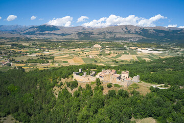 Fototapeta na wymiar extended panoramic aerial view of the medieval castle camponeschi abruzzo