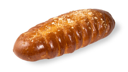 Sweet loaf for tea isolated on a white background.Fresh pastries sprinkled with culinary crumbs.