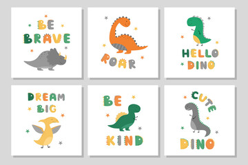 A set of posters with cute dinosaurs. Funny dino in a cartoon style. Vector illustration. Suitable for a greeting card, a children's room, baby shower, kids t-shirts. Be brave, roar, dream big
