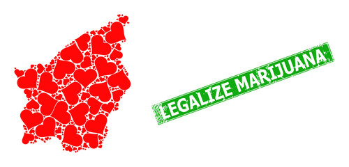 Textured Legalize Marijuana stamp seal, and San Marino map mosaic of love heart icons. Green rectangle stamp seal includes Legalize Marijuana caption inside rectangle.