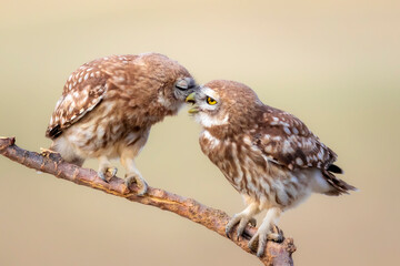Cute little owls. Colorful nature background. Athene noctua.  