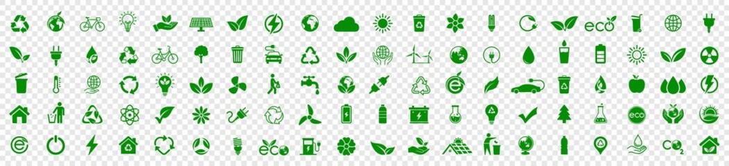 Ecology icon set. Eco green friendly icon, nature green icons set on transparent background. Vector illustration - obrazy, fototapety, plakaty