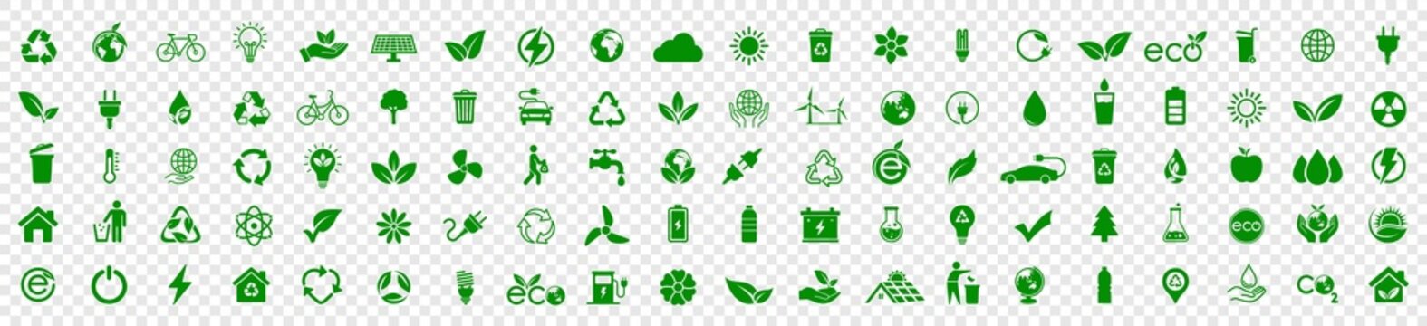 Ecology icon set. Eco green friendly icon, nature green icons set on transparent background. Vector illustration