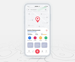 Map GPS navigation, Smartphone map application and red pinpoint screen, App search map navigation, Technology map, City navigation maps, City street, gps tracking, Location tracker, Vector