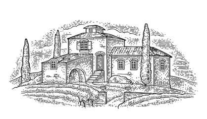 Rural landscape with villa or farm with field, vineyard and cypress. Vector engraving