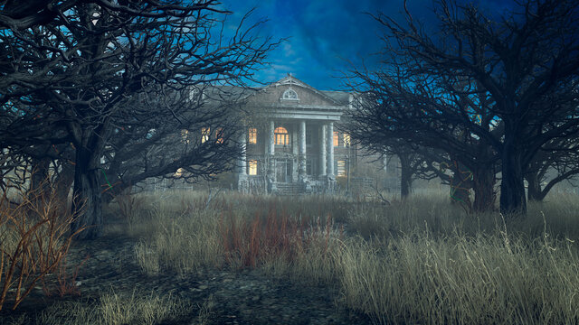 3D rendering of a creepy old mansion house in a field with long grass and bare trees.