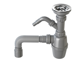 Siphon with bottle trap and pvc plastic pipes for sinks isolated on white.