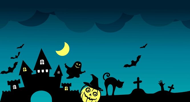 Halloween banner on a turquoise background of an old castle and ghosts. vector illustration.