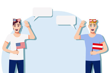 The concept of international communication, sports, education, business between the USA and Austria. Men with American and Austrian flags. Vector illustration.