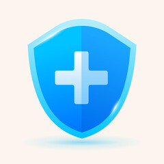 Fototapeta premium Blue protection shield with white cross. Vector illustration for online marketing and business. Medical safety, insurance or help. Template for website, mailing or poster.