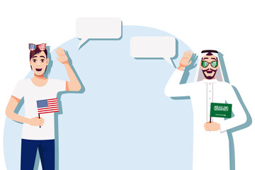 Men with American and Saudi flags. Background for the text. The concept of sports, political, education, travel and business relations between the USA and Saudi Arabia. Vector illustration. - obrazy, fototapety, plakaty