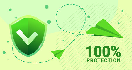 Green protection shield with check mark. Vector illustration for online marketing and business. Safety, insurance or protection. Template for website, mailing or poster.