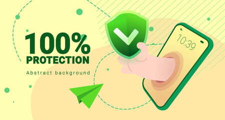 Green protection shield with check mark in hand, coming out of screen. Vector illustration for online marketing and business. Safety, insurance or protection. Template for website, mailing or poster.