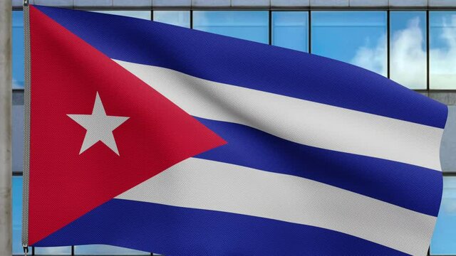 3D, Cuban flag waving on wind with modern skyscraper city. Cuba banner blowing, soft and smooth silk. Cloth fabric texture ensign background. Use it for national day and country occasions concept.-Dan