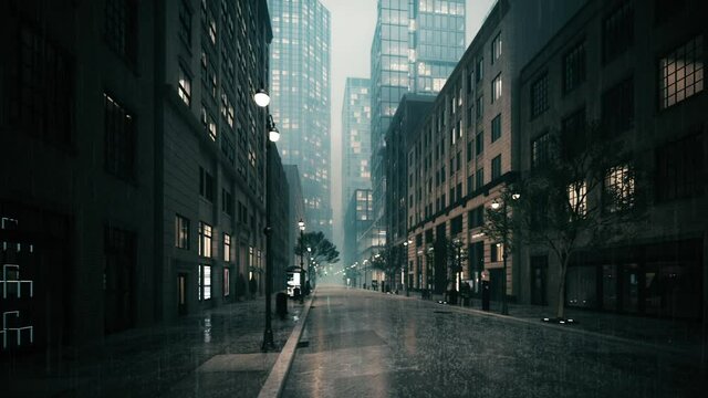 Empty city streets in the rain. Heavy rain in the city. 3d visualization