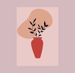 Terracotta Boho Decoration of Plants, Pots, Vases and Abstract Shapes, art print composition