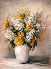 Still life oil painting depicting of orange chrysanthemum and white lilacs flowers in vase. - obrazy, fototapety, plakaty