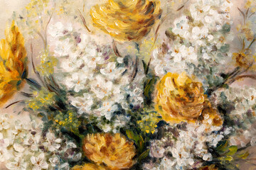 Fragment of still life oil painting depicting of orange chrysanthemum and white lilacs flowers in vase.