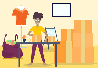 Concept Online seller, blogger, online business. woman with short hair, dark skin, is packing clothes in a box. Vector flat style. Illustration for  fashion clothing, product packaging, quarantine 