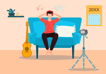 Concept influences music, relaxing, live stream. man sitting and relaxing on the sofa  After just playing the guitar. Vector flat style. Illustration for content online, sleep, rest, blogger, creator 