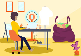 Concept Online seller, online business, blogger. woman with short hair, dark skin, sits and checks an order products from customers. Vector flat style. Illustration fashion clothing, product packaging