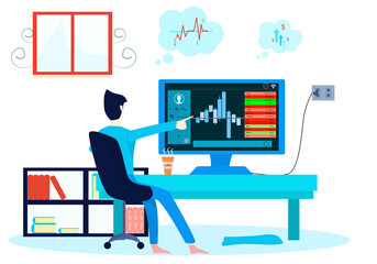Concept Investing and trading profitably. Young businessman watching Successful investment business. Vector flat style. Illustration for financial risks, investment profits, work from home, quarantine