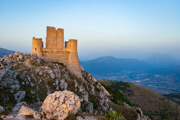 Castle ruins on mountain top at Rocca Calascio, italian travel destination, landmark in the Gran...