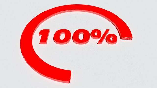 A red circle turning around 100%,write, in blue, on a white background - 3D rendering video clip animation