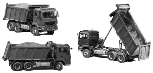Dump trucks transport and empty the earth from the body. Monochrome set of dump trucks from different angles isolated on white background. Illustration. Vector, eps10. © Svetlana