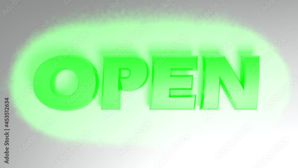 Poster open write in green lilghted letters passing from right to left, over a white glossy background - 3d