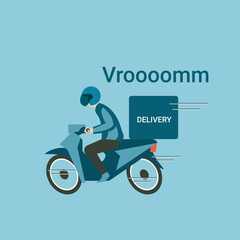 Icon or cartoon character flat style of motorcycle rider, transportation, courier, food delivery services for banner, poster advertising or promotion design. copy space.