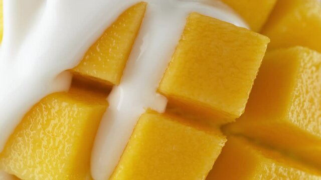 Mango Hedgehog Being Covered with Creamy Yogurt in Macro and Slow Motion 1000fps