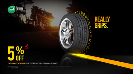 Tire shop vector banner of car wheel tyres with tread track price offer. Tire shop, spare parts and auto service discount promotion design. Editable graphic layout. Black Friday sale.