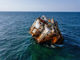 Aerial view of shipwreck near Crimean coast