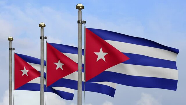 3D, Cuban flag waving on wind with blue sky and clouds. Cuba banner blowing, soft and smooth silk. Cloth fabric texture ensign background. Use it for national day and country occasions concept.-Dan
