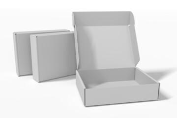 White boxes for mockups, empty open and closed. Isolated white background. 3d rendering