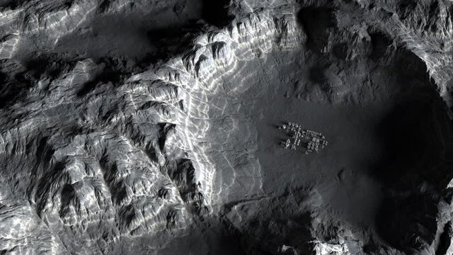 lunar base on the lunar surface as seen from a height of several kilometers. concept of space travel and exploration of distant planets