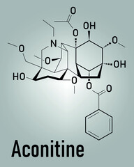 Skeletal formula of Aconitine molecule. Toxin present in Aconitum plants (monkshood). 