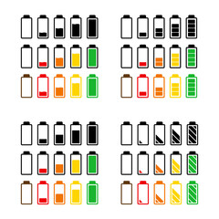 Battery charge level icon set. Symbol of power indicator of mobile phone accumulator.  Simple flat design. Vector illustration isolated on white.