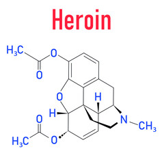 Heroin molecular structure isolated flat vector sign. Heroin (diacetylmorphine, morphine diacetate, diamorphine) opioid drug molecule.