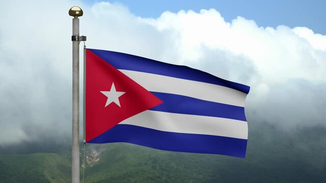 3D, Cuban flag waving on wind at mountain. Cuba banner blowing, soft and smooth silk. Cloth fabric texture ensign background. Use it for national day and country occasions concept.-Dan