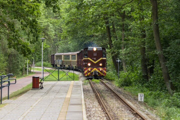 The historic train goes on the rails and comes to the train station to take tourists, rails and steam locomotive