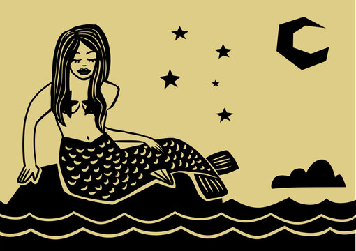 Mermaid on a rock in the rough sea. Woodcut Style. Iemanj&aacute;, Iara, Sereia.