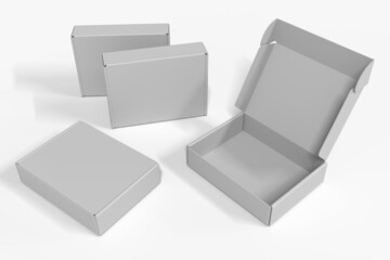 Four white mock-up boxes, empty open and closed. Isolated white background. 3d rendering