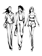 Young beautiful woman in stylish clothes. Sale concept. Hand-drawn fashion illustration