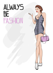 Young beautiful woman in stylish clothes. Sale concept. Hand-drawn fashion illustration