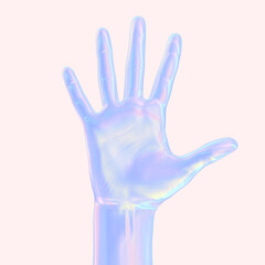 Obraz premium Five fingers opened palm gesture holographic gradient creative neon hand banner 3d rendering