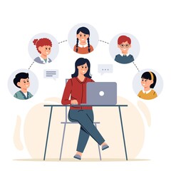 Learn from distance with woman teacher, online education. Kids: boys and girls studying lesson. Children learns remotely. Home school, web e-learning, knowledge concept. Vector flat